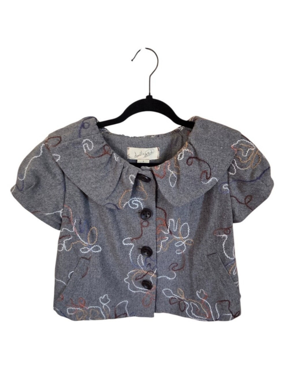 Anthropologie Double Stitch Gray Wool Embroidered Sleeve Short Jacket Size Small